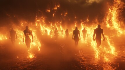 Fototapeta premium Eerie Ghostly Procession in Fiery Hellscape - 3D Render with Ultra-Detailed, Cinematic Lightning