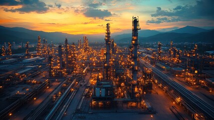 Obraz premium Aerial view of an illuminated oil refinery at sunset.
