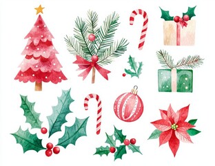 I've created a watercolor illustration of Christmas trees with candy canes, baubles, winter flowers, and robins on them