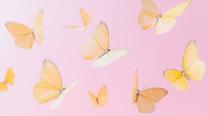   Yellow butterflies flying in air against pink background with white space