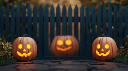 Fototapeta premium A serene Halloween scene featuring glowing jack-o'-lanterns and a rustic wooden fence.