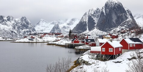 An afternoon scene depicting Sakrisoy village, Norway, Europe. A magnificent view of the Lofoten Islands. A picturesque seascape of the Norwegian Sea. An unspoilt winter scene.