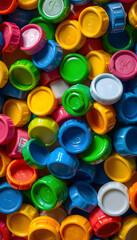 Colorful plastic bottle caps creating a texture. Recycling background. Environmental reuse and the importance of recycling PET materials for an eco-friendly future. Plastic industry isolated with wh