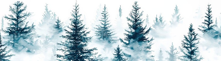Fototapeta premium Winter forest. Watercolor illustration for a seamless horizontal pattern. A fir forest with blue fir trees on a cloudy day.