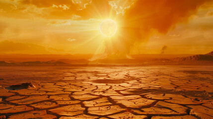 A parched landscape under a blazing sun. 