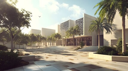 an educational facility used as lab and showroom with maximun 2 story height modern style with islamic aritecture touch with facades made out of sustainable local saudi materials 