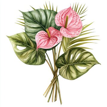 pink anthurium flowers and green leaves bouquet clip art preview