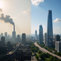 City contrasted by smoggy versus clean skies amidst electric transport system transformation