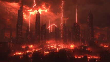 Fototapeta premium Infernal Dystopia - 3D Render of Apocalyptic Cityscape with Monstrous Creatures and Firestorm in Cinematic Lightning