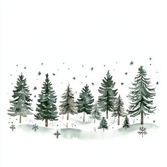 Obraz premium Handpainted watercolor nursery composition of forest forest scene with snowflakes and fir tree. Illustration for baby shower design, kids print, wall art.