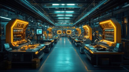 Futuristic factory interior with rows of workstations and glowing machinery.