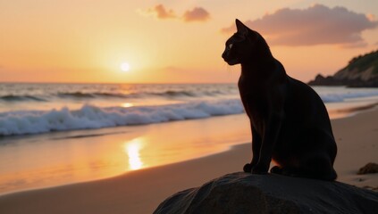 A sunlit seascape features a solitary black cat sitting serenely