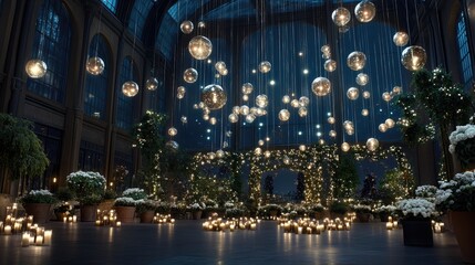 Obraz premium The cozy winter garden shed glimmers under a starlit sky, decorated with glass baubles and surrounded by flickering candles, creating a romantic, enchanting atmosphere