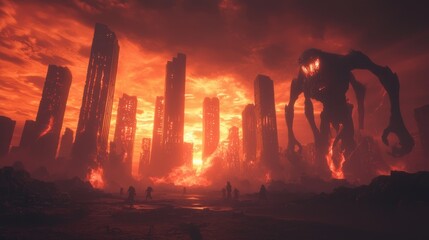 Naklejka premium Apocalyptic Nightmares: 3D Render of Burning City with Monstrous Creatures and Cinematic Lightning
