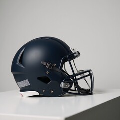 Naklejka premium Minimalistic stock photo Close-up of a football helmet on a bench featuring simplified forms and contrasting colors leaving ample room for text insertion