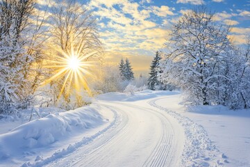 Obraz premium An asphalt road, a forest, and a blue sky are featured in this winter landscape.