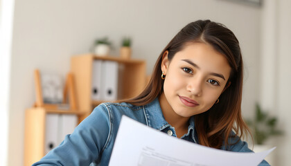 Naklejka premium Photo portrait of pretty young girl write report documents wear trendy denim outfit modern workplace success business owner home office isolated with white highlights, png