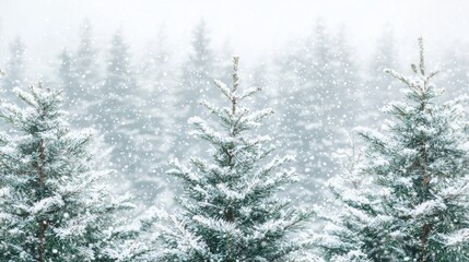 Background of snow and pine forest in winter. Christmas and new year festive season decoration backdrop.