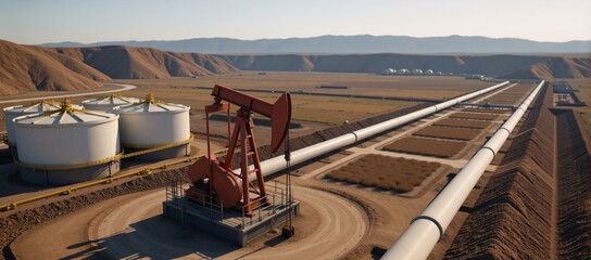 3D depiction showcasing a landscape of the petroleum industry featuring an oil pump by a pipeline near a bpvc reservoir and illustrating various aspects of petrochemical production