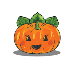 Halloween pumpkin with blushing face and a crown made of leaves