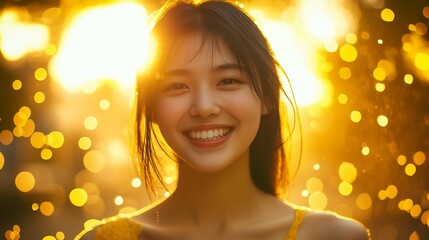 Fototapeta premium Young girl smiling rain boy single golden sunlight rave yellow spell deep shoulders beer summer mixed race woman loose hair chinese 