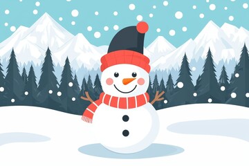Beautiful winter landscape featuring snow-covered mountains and a snowman. Christmas design.