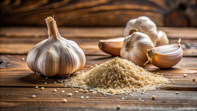 Dry granulated and fresh garlic placed on a wooden table in a forced perspective shot, white background, ingredient, organic, condiment, fresh, food,garlic, spice, culinary, perspective