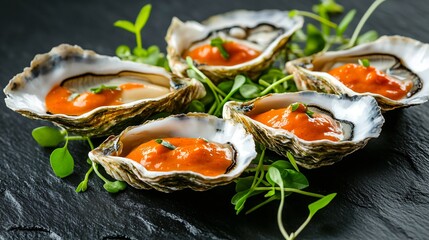 Oysters with roasted red pepper aioli, isolated on a sleek black background with microgreens