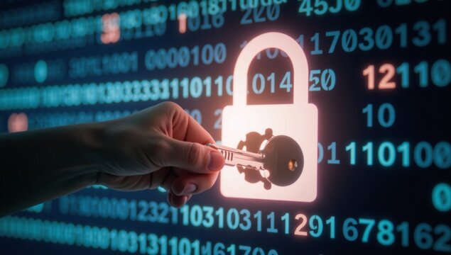 Digital key unlocks padlock on a virtual screen symbolizing cybersecurity and data protection against a backdrop of blurred binary code