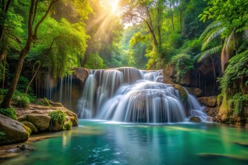 Medium waterfall flowing through the lush jungle in the soft morning light of spring, medium, picturesque, peaceful, sunlight, nature, greenery, water, vibrant, natural landscape, rocks