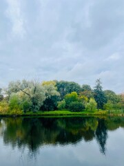 Fototapeta premium autumn trees reflection on the pond surface, calm water surface, mirror, cloudy sky