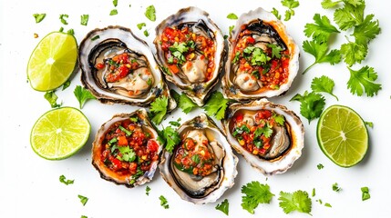 Spicy oysters with chili and lime, isolated on a matte white background with vibrant green cilantro