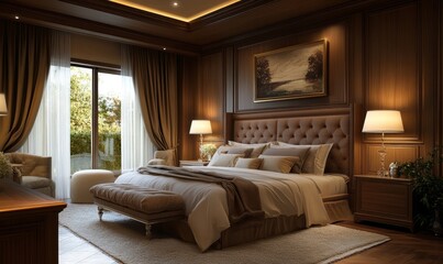 Bedroom interior with wooden panel wall
