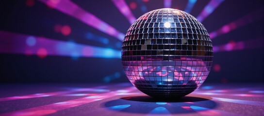 Obraz premium A disco ball shines against an abstract backdrop of colored rays and light effects Purple Pink Blue