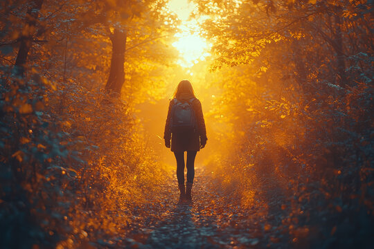 A person walking through a forest that suddenly changes into a desert, symbolizing a shift between two parallel worlds. Concept of transition.