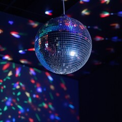 Fototapeta premium Vibrant mirror-ball spins casting a kaleidoscopic glow at a lively party scene