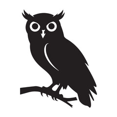 owl silhouette icon. Black and white vector image of a wise owl with large, round eyes. The image represents knowledge, wisdom, and intelligence.