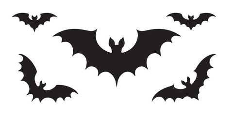 Black silhouette bat isolated on white background. Halloween symbol for holiday horror night. Vector cartoon icon. Flying vampire bat silhouette
