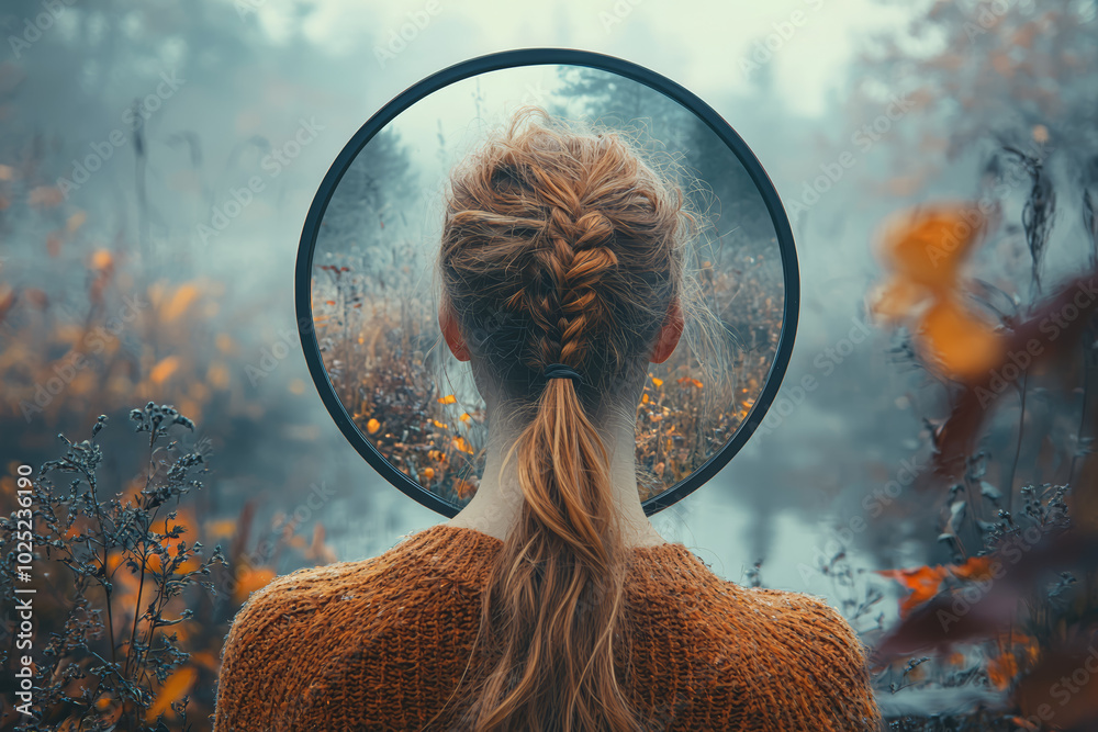 Poster a person looking at a mirror and seeing themselves in a parallel universe, symbolizing the idea of m