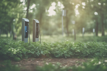 Electric vehicle charging stations surrounded by greenery in a tranquil park setting during sunset