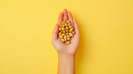 Obraz premium A nutritionist’s hand holding shelled pistachios, isolated on a pastel yellow background
