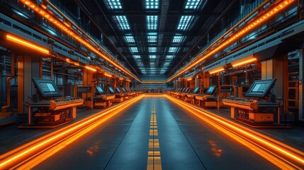 A futuristic factory with rows of control panels and glowing orange lights.