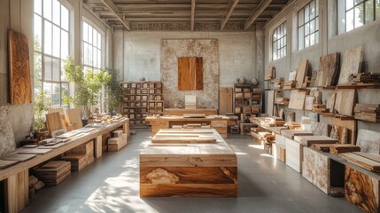 A large, open workshop with numerous wood samples and furniture pieces displayed on shelves and tables. The space is bathed in natural light from large windows.