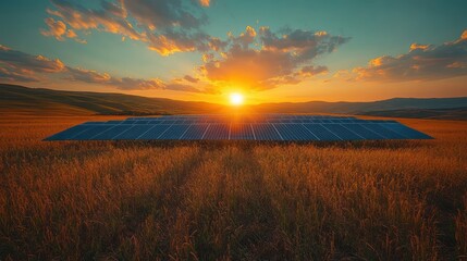 A field of solar panels at sunset.