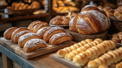 Many different types of breads on display at a bakery
