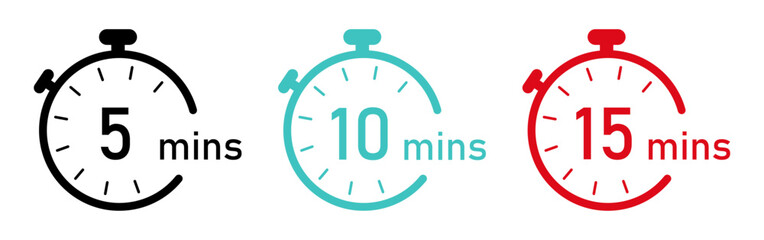 5-, 10- and 15-minutes timer and clock icons set isolated on a white background. Timer logo. Clock symbols, stopwatch signs, Timer icons. Vector illustration.