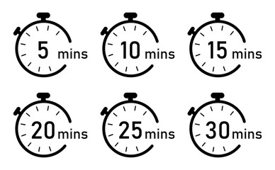 5, 10, 15, 20, 25, 30 minutes timer and clock icons set black color isolated on a white background. Timer logo. Clock symbols, stopwatch signs, timer icons. Vector illustration.