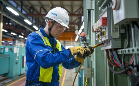 electrican working in a factory, worker with helmet, electrical worker in action