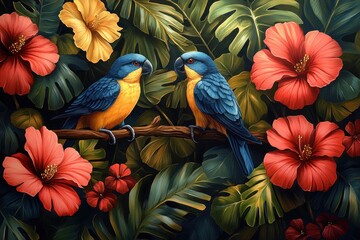Two blue and yellow parrots perched on a branch surrounded by tropical flowers and leaves.