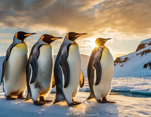 Obraz premium Four penguins stand together on a snowy landscape during sunset in Antarctica